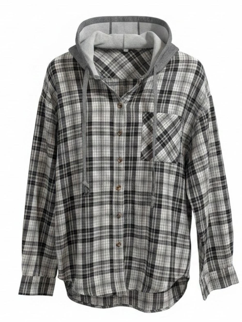 Gray Plaid Hooded Flannel Shirt